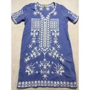 Roberta Roller Rabbit Kurta Dress Sz L Blue White Star Embroidered Modern Craft